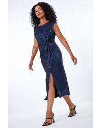 Roman Petite - Ruched Glitter Midi Dress - Lyst