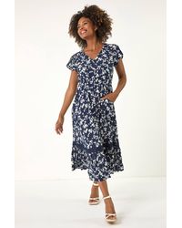 Roman - Floral Button Down Frill Midi Dress - Lyst