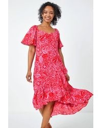 Roman Petite - Floral Print Ruched Midi Dress - Lyst