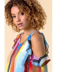 Roman - Stripe Print Cold Shoulder Frill Top - Lyst
