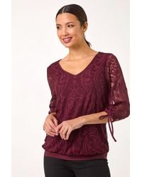 Roman - Burnout Print V-Neck Overlay Mesh Top - Lyst