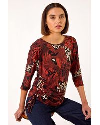 Roman - Leaf Print Side Tie Stretch Top - Lyst