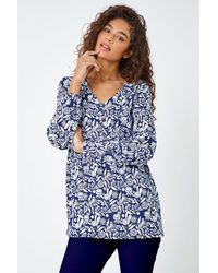 Roman - Floral Print V-Neck Tunic Smock Stretch Top - Lyst