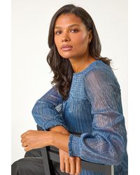 Roman - Shirred Yoke Metallic Plisse Top - Lyst