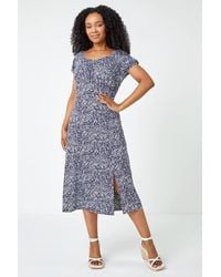 Roman Petite - Leaf Print Midi Stretch Dress - Lyst