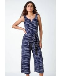 Roman - Belted Wave Print Cropped Jumpsuit - Lyst
