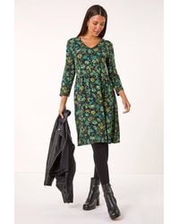 Roman - Floral Print Button Stretch V-Neck Dress - Lyst