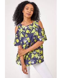 Roman Petite - Floral Print Cold Shoulder Chiffon Top - Lyst