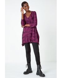 Roman - Textured Leaf Print V-Neck Tunic Stretch Top - Lyst