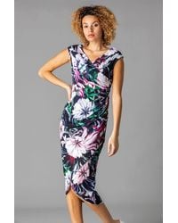 Roman - Floral Print Ruched Wrap Dress - Lyst