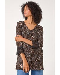 Roman - Abstract Print Lace Detail Tunic Top - Lyst