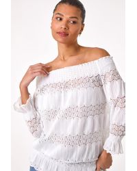 Roman - Lace Insert Frill Bardot Top - Lyst