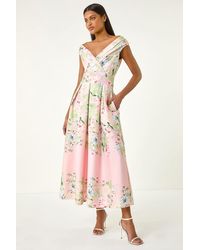 Roman - Floral Print Bardot Midi Stretch Dress - Lyst