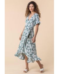 Roman - Leaf Print Wrap Midi Dress - Lyst