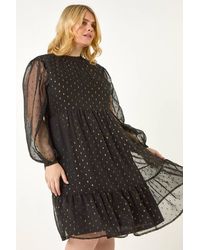 Roman Curve - High Neck Metallic Overlay Swing Dress - Lyst