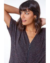 Roman - Diamond Print Glitter V-Neck Zip Front Top - Lyst