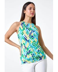 Roman - Aztec Print Shirred Stretch Halterneck Top - Lyst