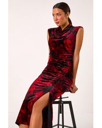 Roman - Velvet Rose Print Side Ruched Midi Dress - Lyst