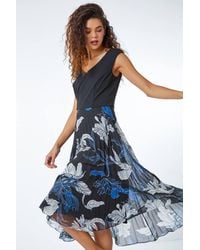 Roman - Floral Print Pleated Chiffon Midi Dress - Lyst