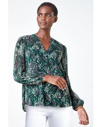 Roman - Animal Print Button Front V-Neck Blouse - Lyst