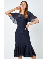Roman - Chiffon Angel Sleeve Stretch Lace Midi Dress - Lyst