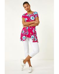 Roman - Floral Print Hanky Hem Stretch Tunic Top - Lyst