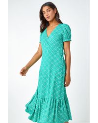 Roman - Geo Print Stretch Wrap Midi Dress - Lyst
