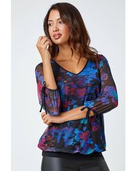 Roman - Floral Print Mesh Blouson Stretch Top - Lyst