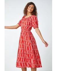 Roman - Leaf Print Stretch Neck Midi Dress - Lyst