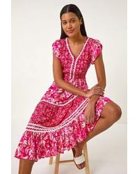 Roman - Floral Contrast Stitch Midi Dress - Lyst