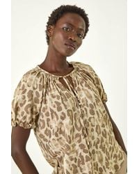 Roman - Animal Print Tie Neck Top - Lyst