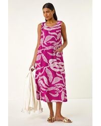 Roman - Leaf Print Shift Midi Dress - Lyst