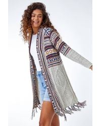 Roman - Aztec Print Tassel Hem Longline Cardigan - Lyst