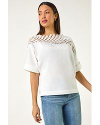 Roman - Embellished Short Sleeve Knit Top - Lyst