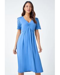 Roman - Cotton Broderie Sleeve Midi Dress - Lyst