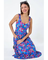 Roman - Floral Shirred Strap Midi Dress - Lyst
