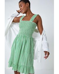 Roman - Zig Zag Print Shirred Cotton Dress - Lyst