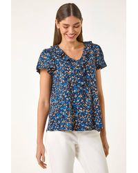 Roman - Printed Ruffle V-Neck Stretch Top - Lyst