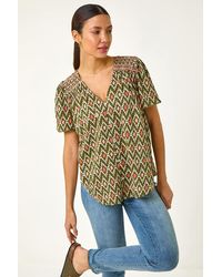 Roman - Printed Shirred Shoulder Blouse - Lyst