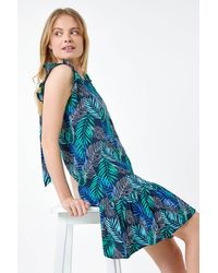Roman - Leaf Print Linen Blend Frill Detail Dress - Lyst