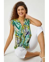 Roman - Abstract Leaf Print Frill V-Neck Blouse - Lyst
