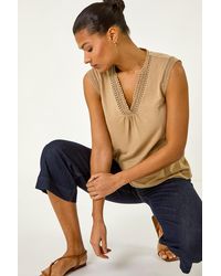 Roman - Lace Trim Tie V-Neck Top - Lyst