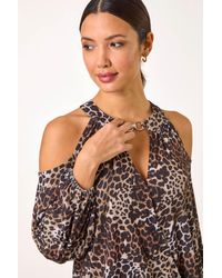 Roman - Animal Print Cold Shoulder Stretch Top - Lyst