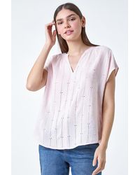Roman - Embroidered Stripe Notch Neck Top - Lyst