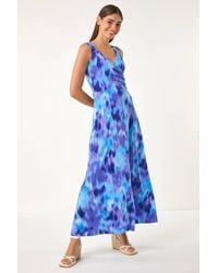 Roman - Abstract Print Gathered V-Neck Maxi Dress - Lyst