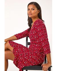 Roman - Animal Print V-Neck Ruched Stretch Dress - Lyst