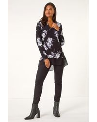 Roman - Floral Print V-Neck Chiffon Hem Top - Lyst