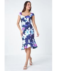 Roman - Premium Stretch Floral Ruched Frill Hem Dress - Lyst