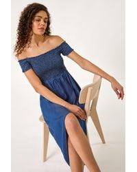 Roman - Bardot Shirred Maxi Dress - Lyst