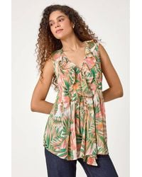 Roman - Leaf Print Ruffle Front Buttoned Blouse - Lyst